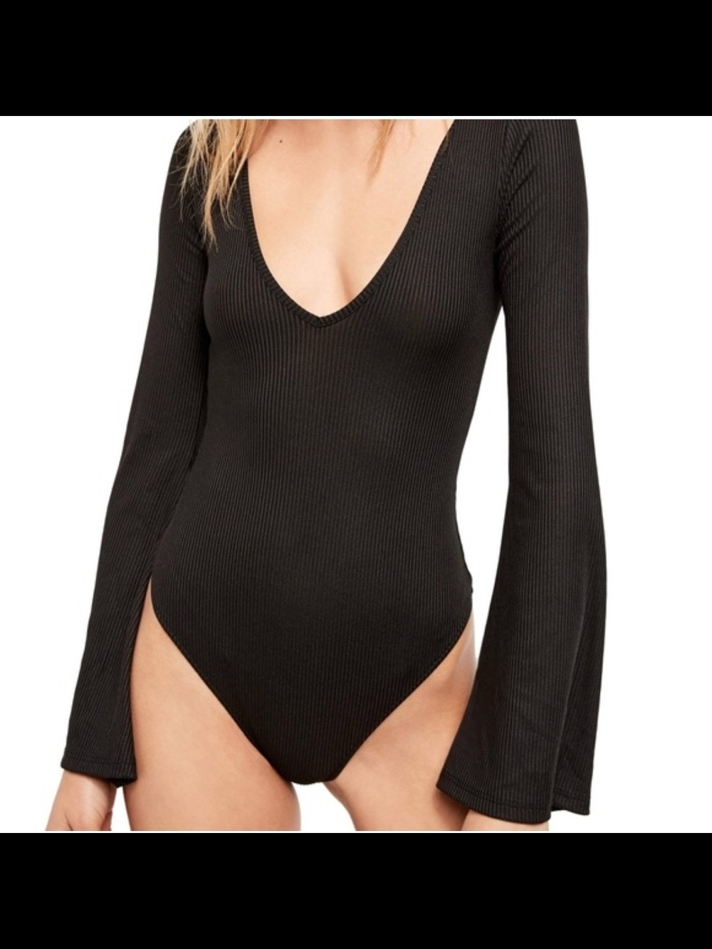 Free People Black Ribbed V-Neck Long-Sleeve Bodysuit with Flared Sleeves